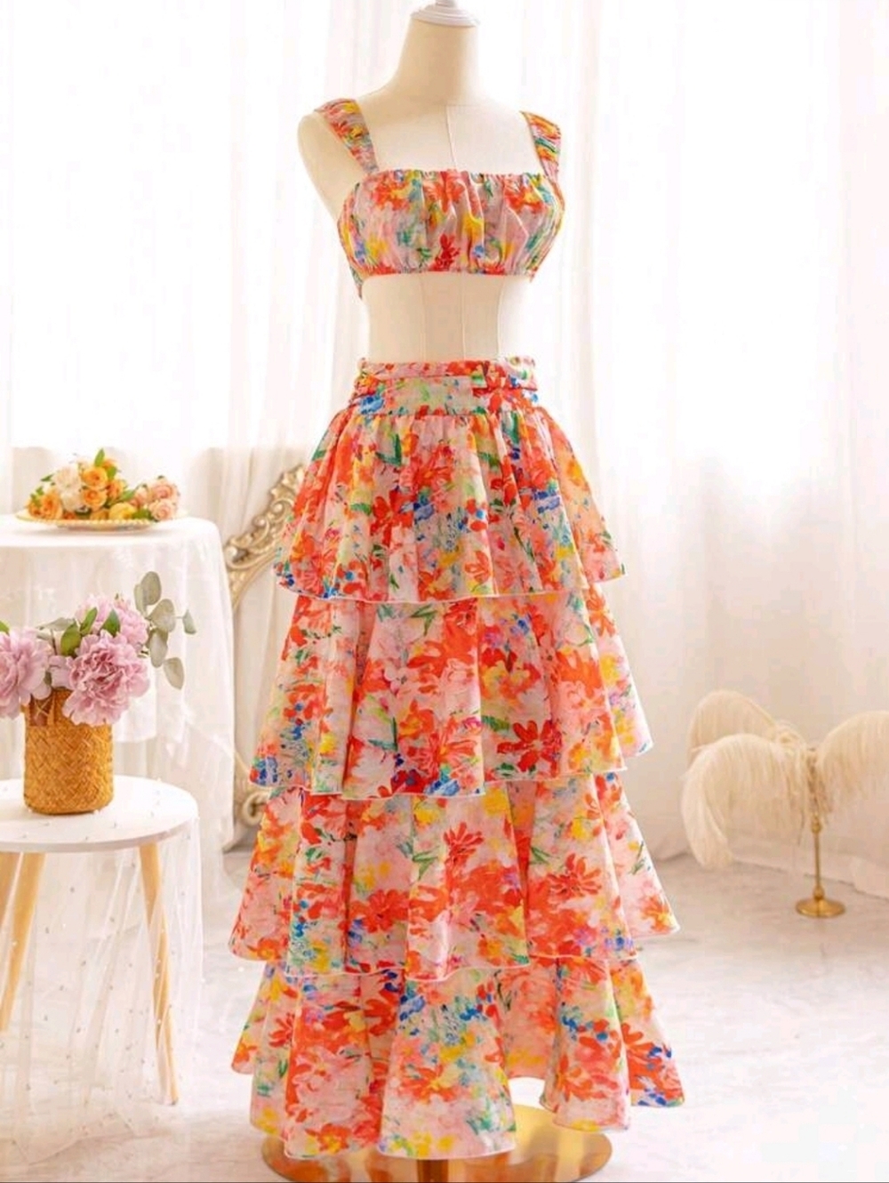 Floral Tiered Two-Piece Set | Crop Top + Maxi Skirt | Vacation / Size M